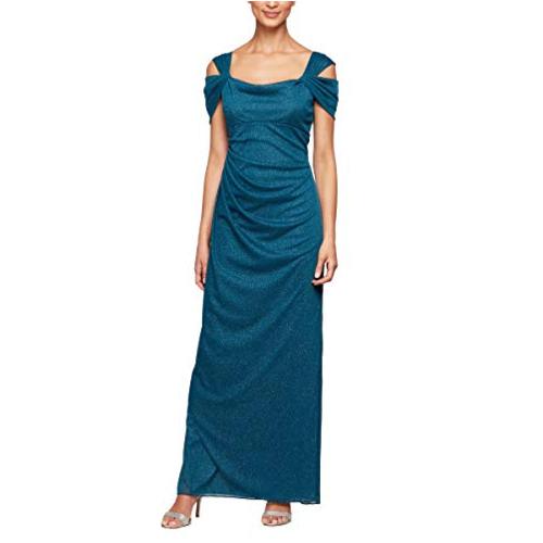Alex Evenings Women's Long Cold Shoulder Dress, Peacock Glitter, Size ...