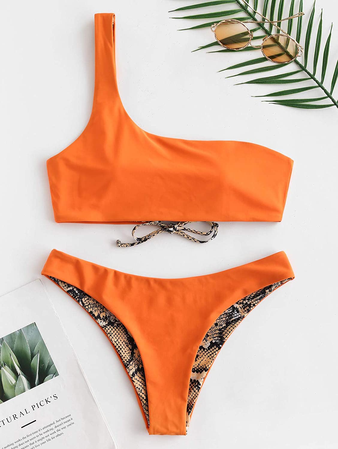 ZAFUL Bikini Snakeskin One Shoulder Reversible Bathing, Mango Orange ...