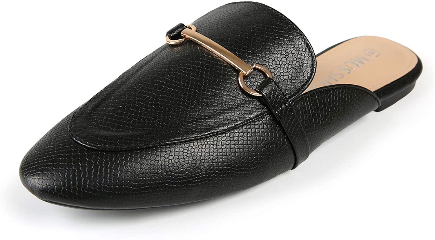 MUSSHOE Mules for Women Slip on Flats Loafers, Pointed, Snake Black ...