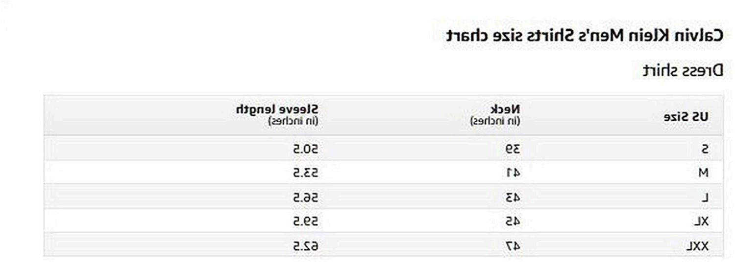 calvin klein shirt size chart