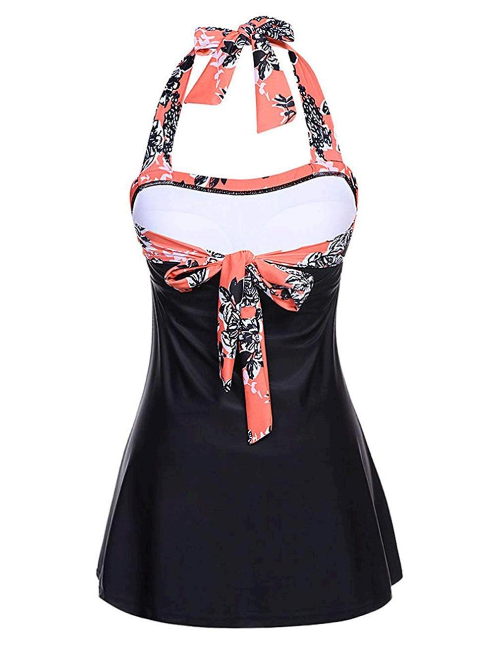 JOYMODE Women OnePiece Swimsuits with Skirt Retro, Orange&black, Size