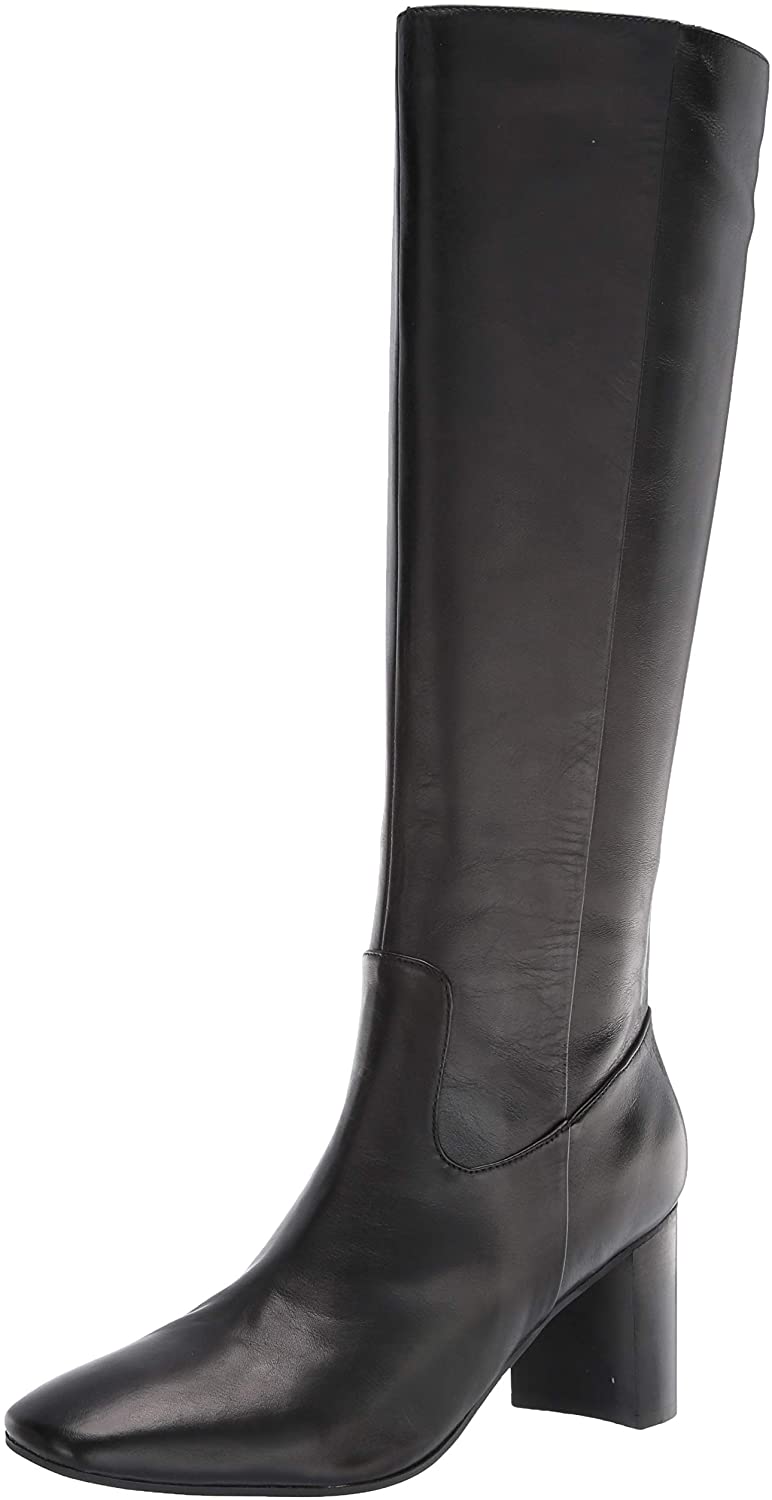square toe knee high leather boots black
