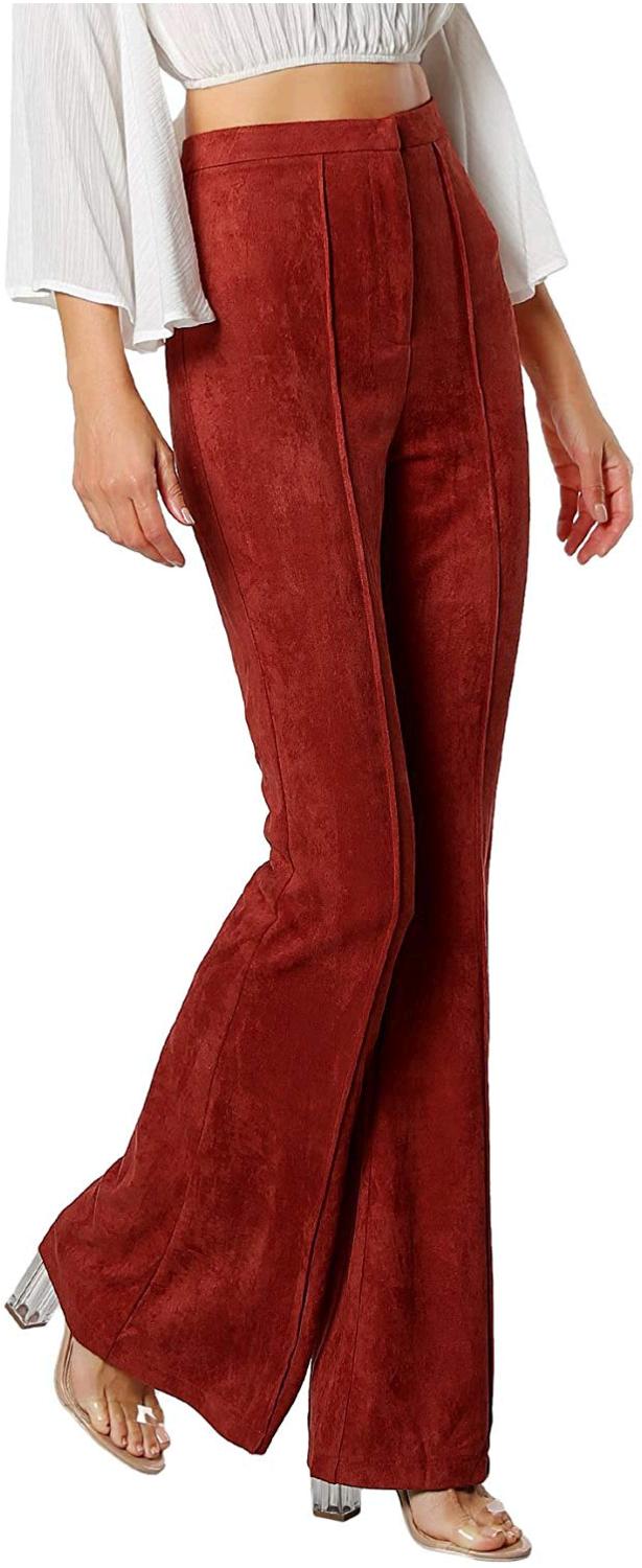 MakeMeChic Women's Solid Faux Suede Flare Pants Bell Bottom, Red, Size ...