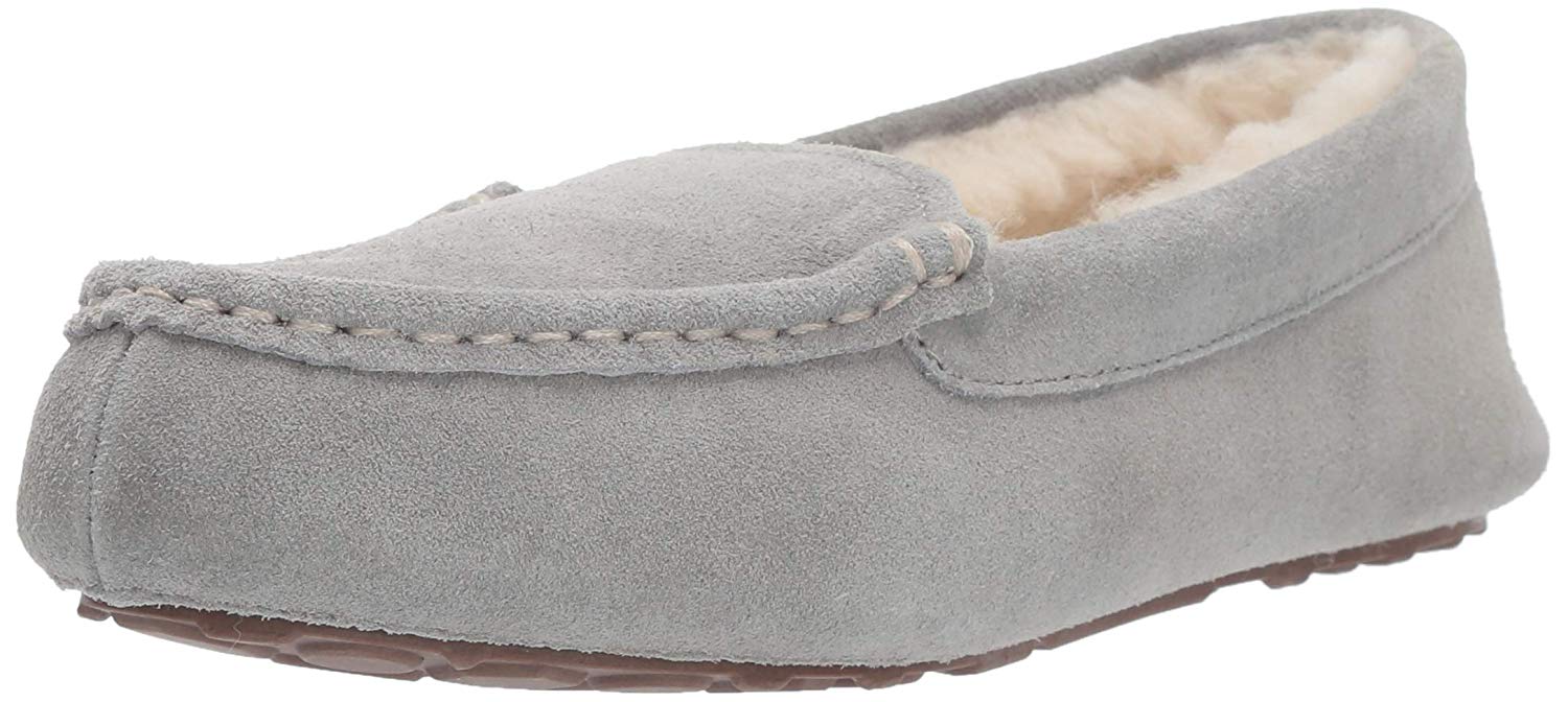 Essentials Women's Leather Moccasin Slipper, Light, Light Grey, Size 9.