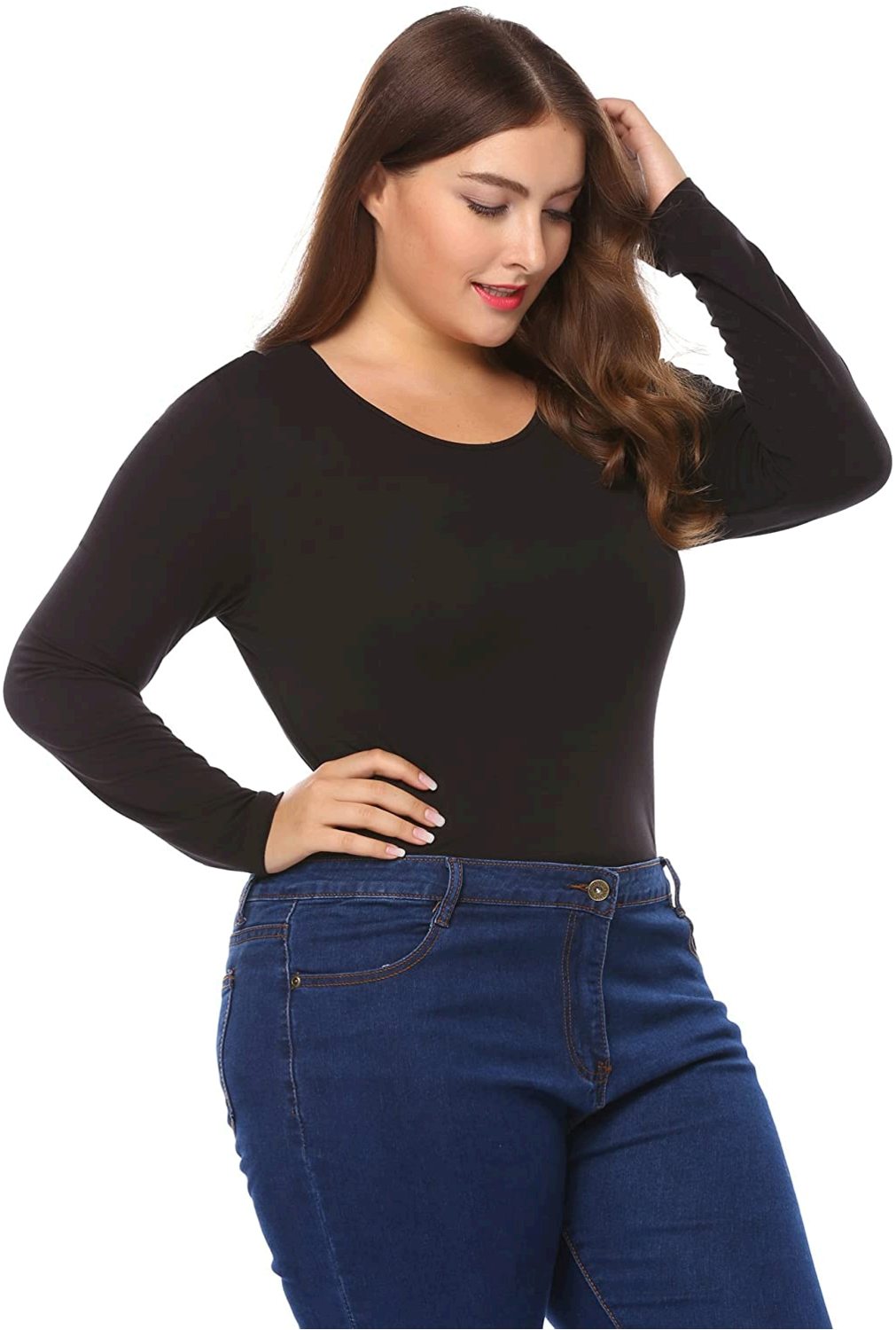 IN'VOLAND Womens Plus Size Bodysuit Long Sleeve Stretchy, Black 1, Size ...