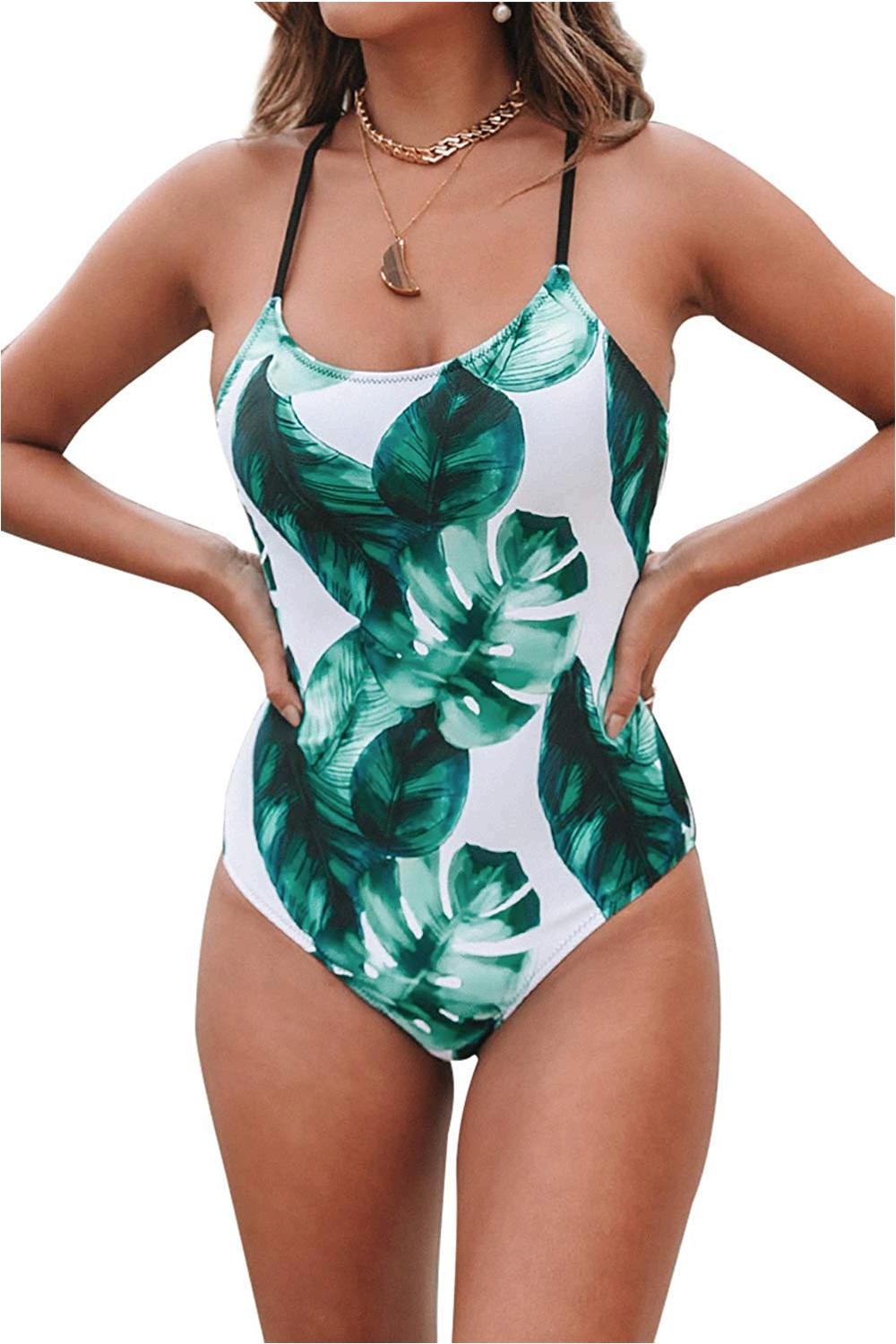 CUPSHE Women s Tropical Leaf Print Lined Lace Up Back Greenwhite Size 