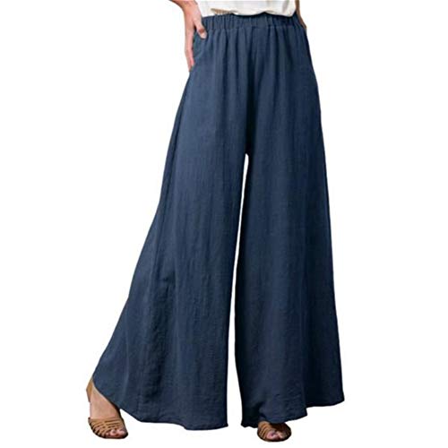 Womens Casual Elastic Waist Comfy Cotton Linen Flowy Wide Leg Palazzo Pants Loose Fit Trousers with Pocket