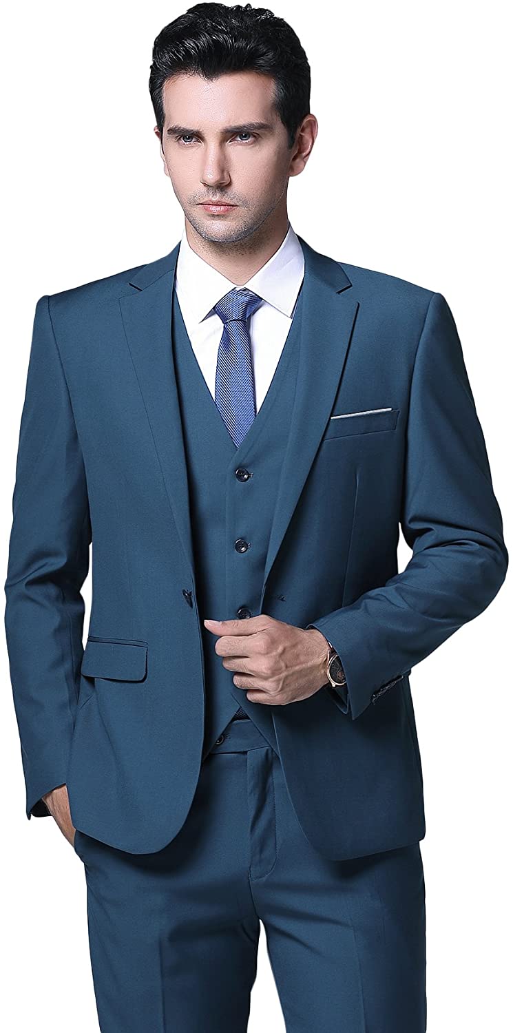 YFFUSHI Men's Slim Fit 3 Piece Suit One Button Blazer Tux, Teal Blue ...