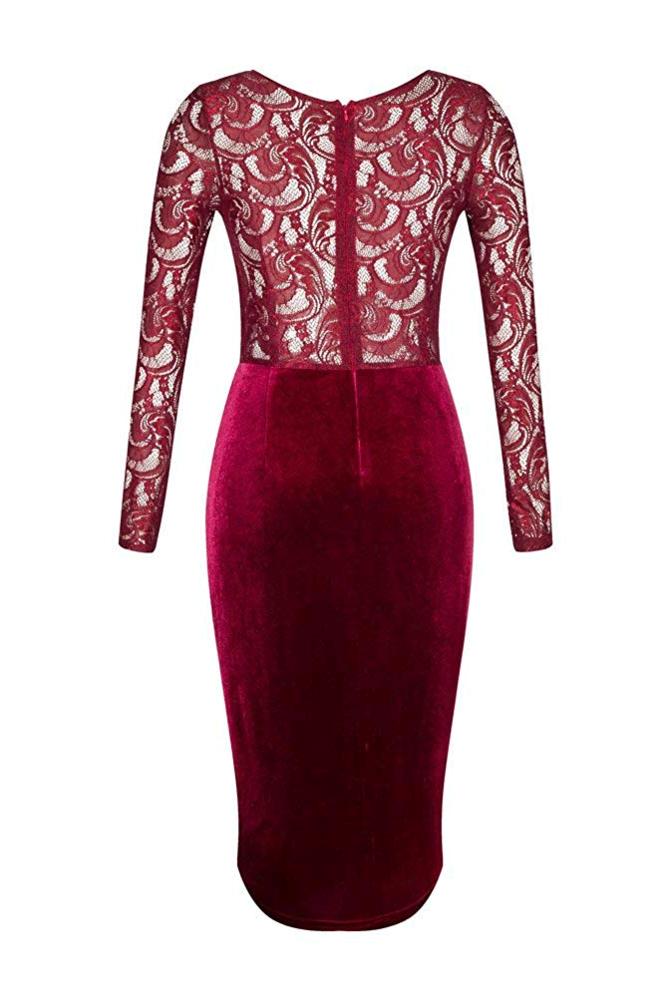OLRAIN Women's Long Sleeve Velvet Lace Midi Wrap Dress Wine Red, Red ...