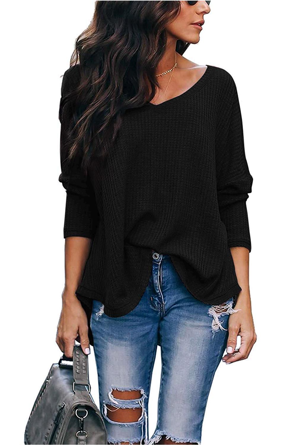 ZJCT Womens Casual V Neck Sweater Off Shoulder Tops Batwing, Black