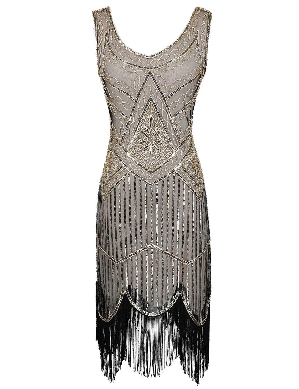 Women's Vintage 1920s Fringed Gatsby Sequin Beaded, Beige Gold, Size ...