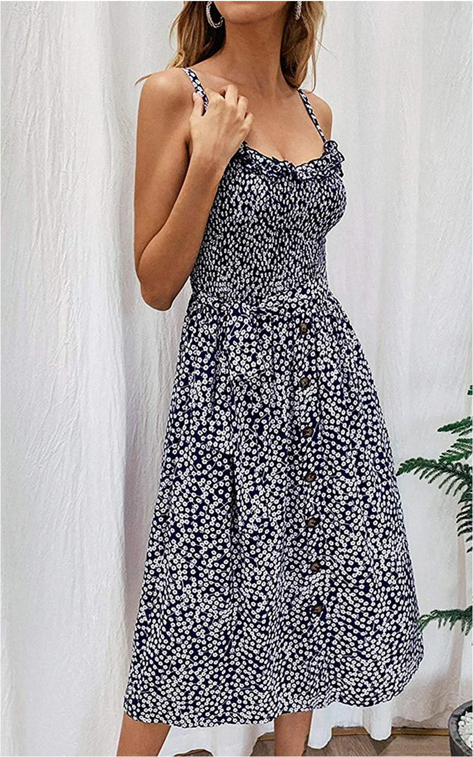 Womens Dresses Summer Beach Polka Dot Midi Sundresses Boho, 16black