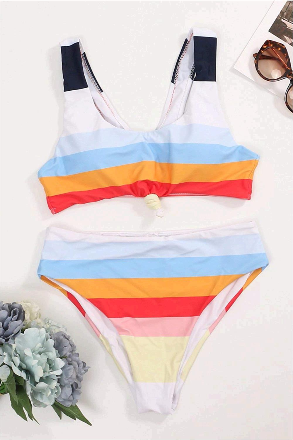 Honlyps Two Piece High Waisted Bathing Suit Striped Bikini Multicolor