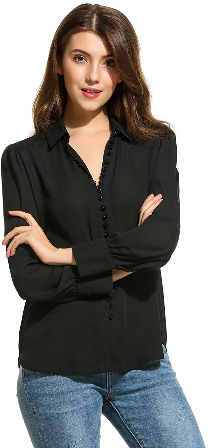 Zeagoo Women's V Neck Long Sleeve Button Down Shirt Casual, Black, Size ...