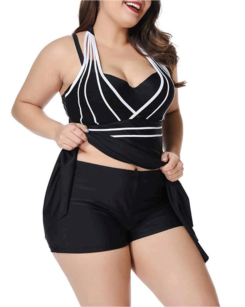 Lalagen Womens Halter Swimdress Plus Size Two Piece Black Size X 9122