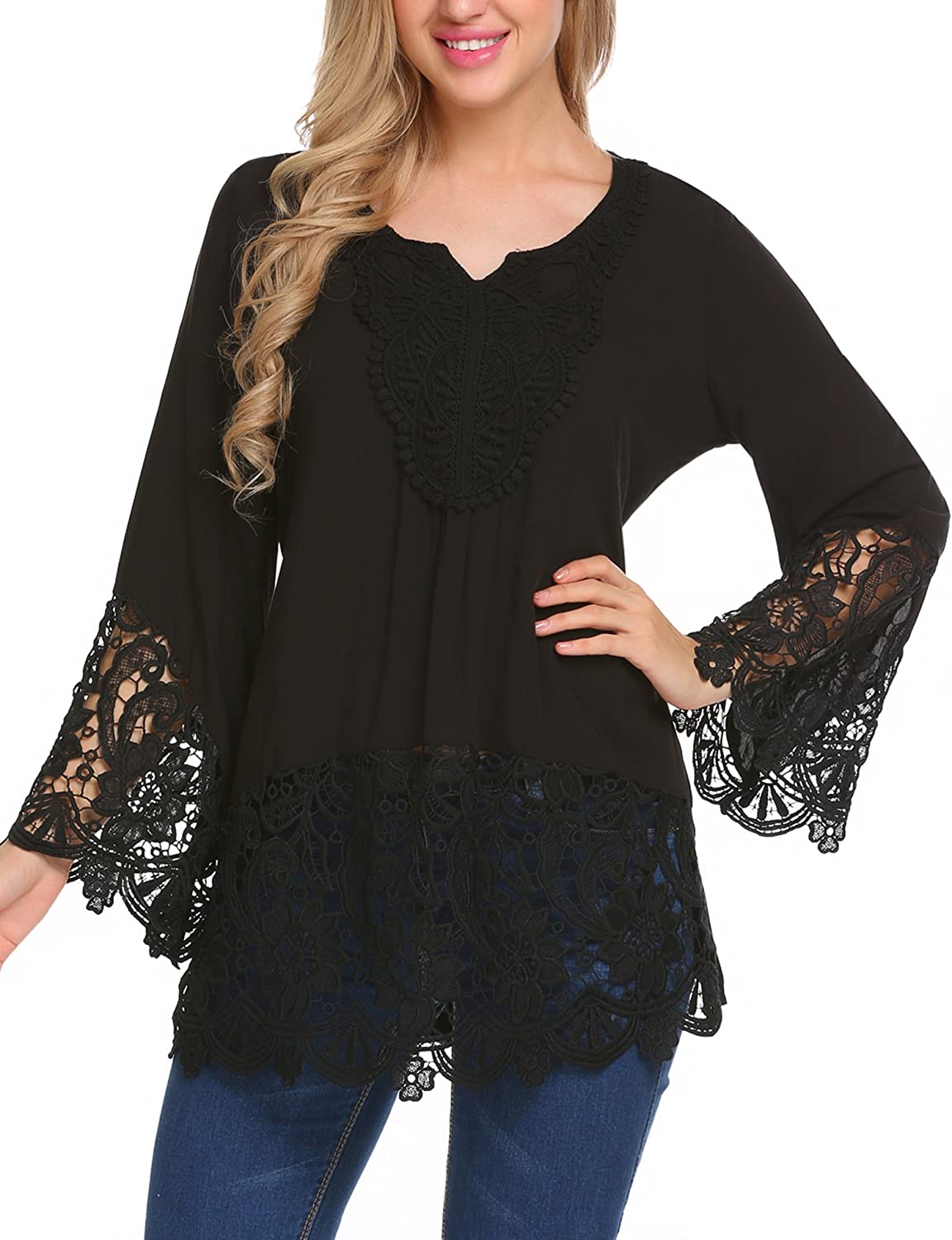 SoTeer Womens Casual V Neck Loose Top Flare Sleeve Lace, 2_black, Size ...