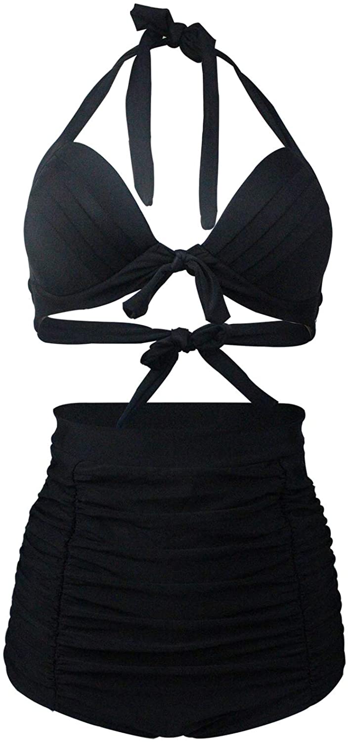 Women's Floral Halter High Waist Bikini Swimsuit Floral, Black Sets