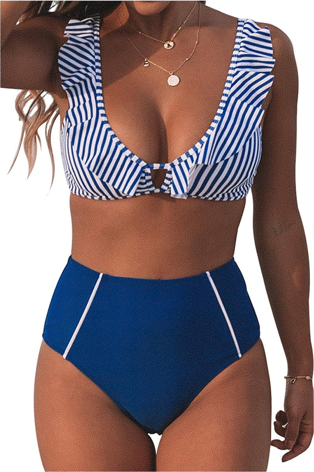 blue striped high waisted bikini