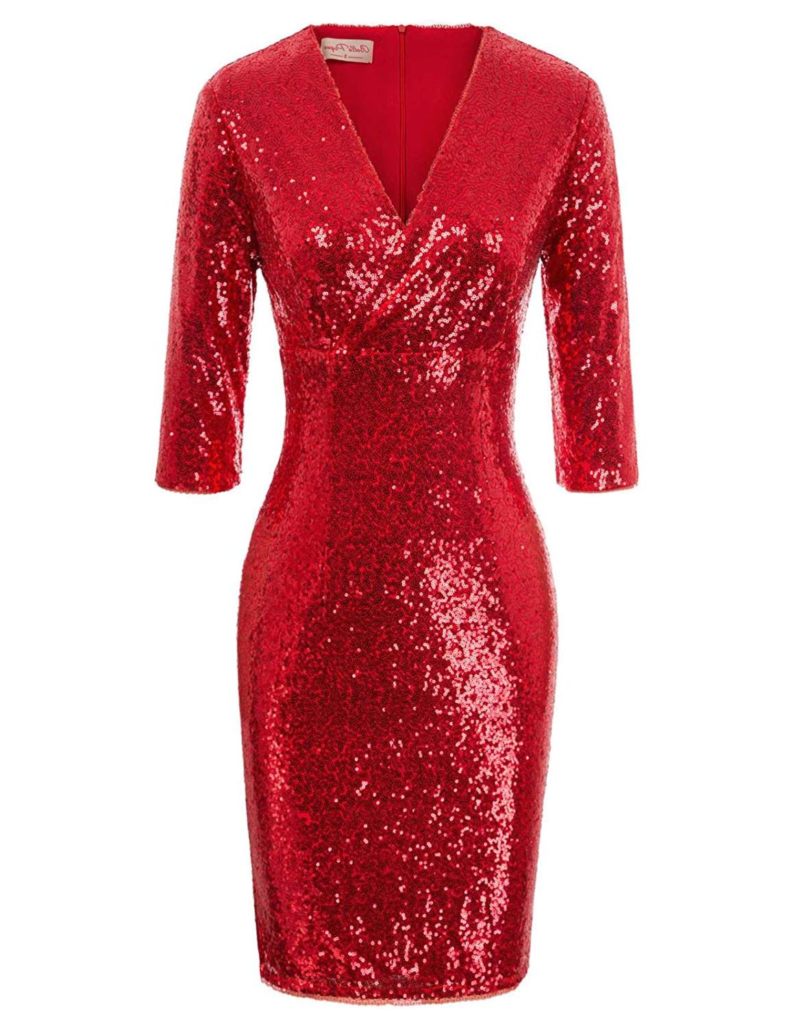 Bodycon Sequin Dresses for Women Vintage 3/4 Sleeve Sparkling, Red ...