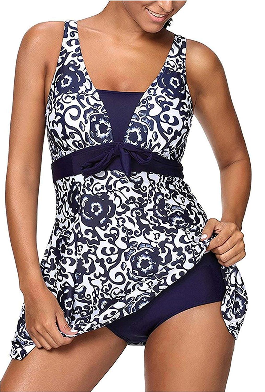 MiYang Women's Bowknot Printing Skirt Spa Swimsuit Padded, Blue, Size 2 ...