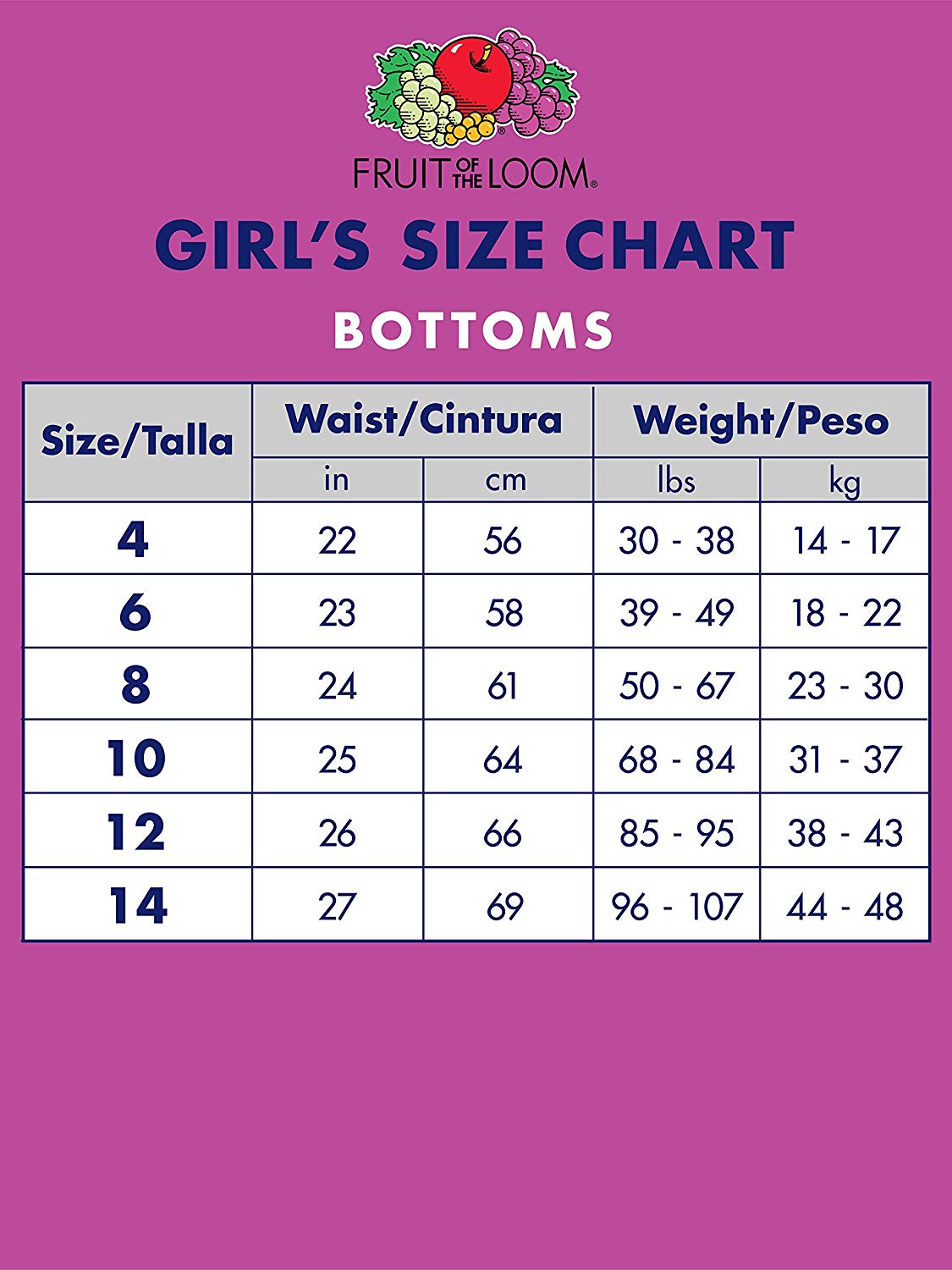 Women's Fruit Of The Loom Underwear Size Chart