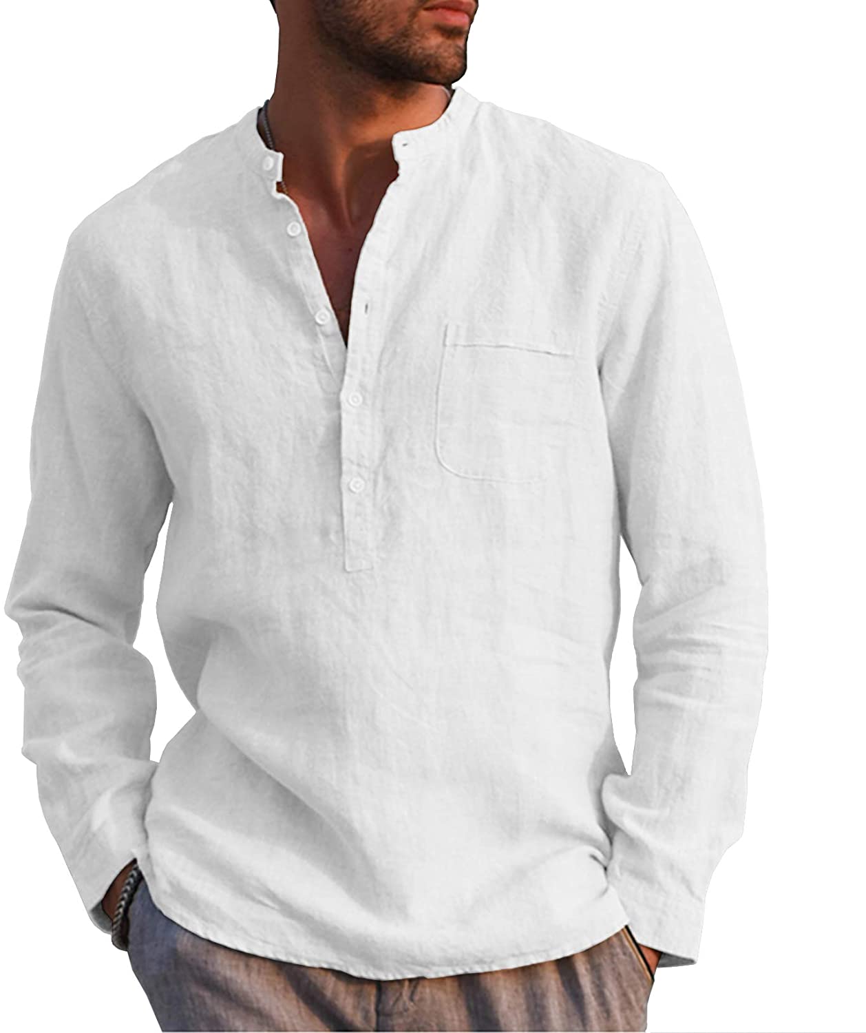 URRU Men's Linen Cotton Blend Henley Shirt Roll-up Long Sleeve, White