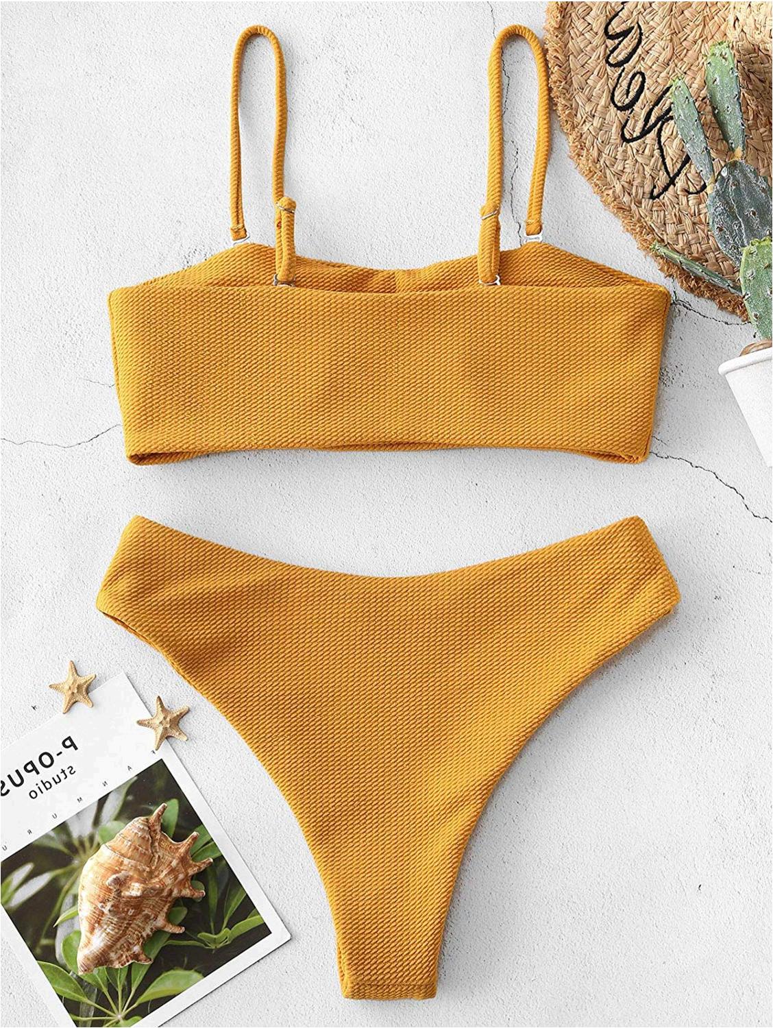 Zaful Bikini Textured Removable Straps Padded Bandeau Bee Yellow Size 4209