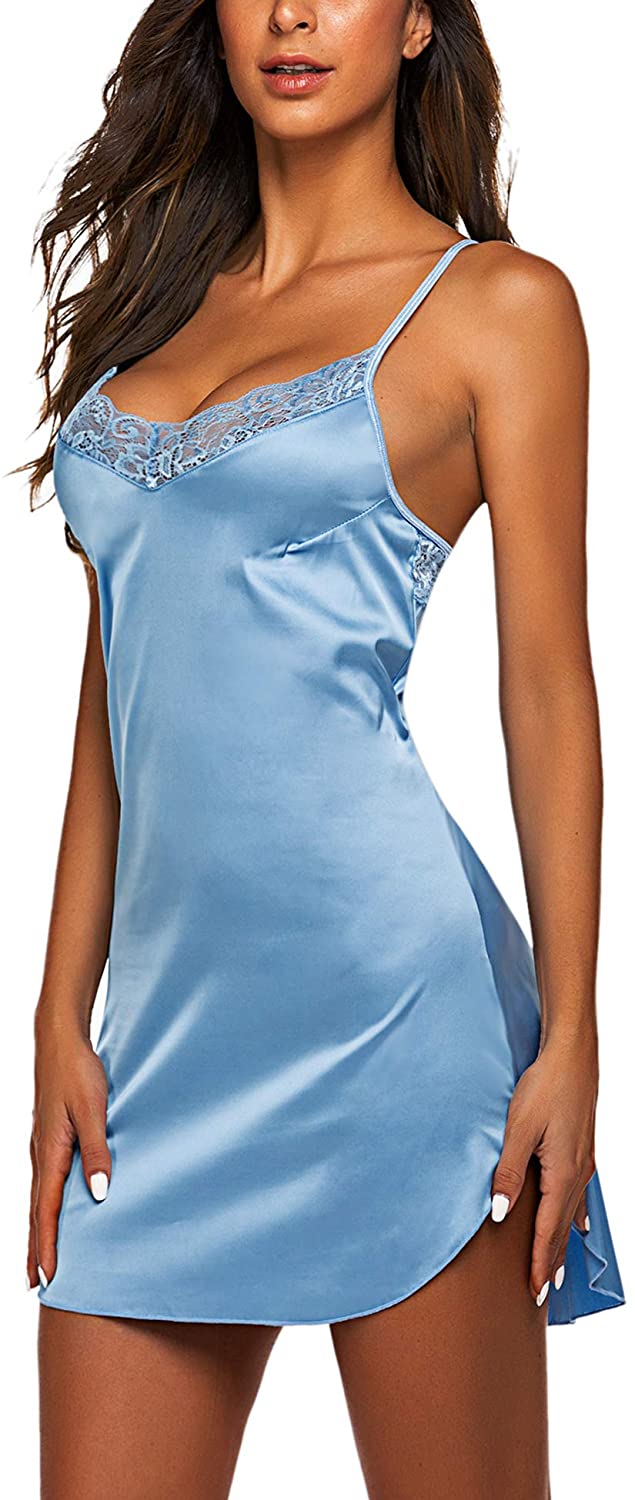 Avidlove Womens Nightwear Sexy Satin Sleepwear Lace Sky Blue Size 1324