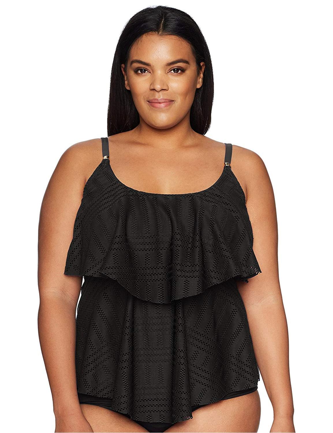24th And Ocean Women S Plus Size 2 Tiered Ruffle Tankini Black Size 16