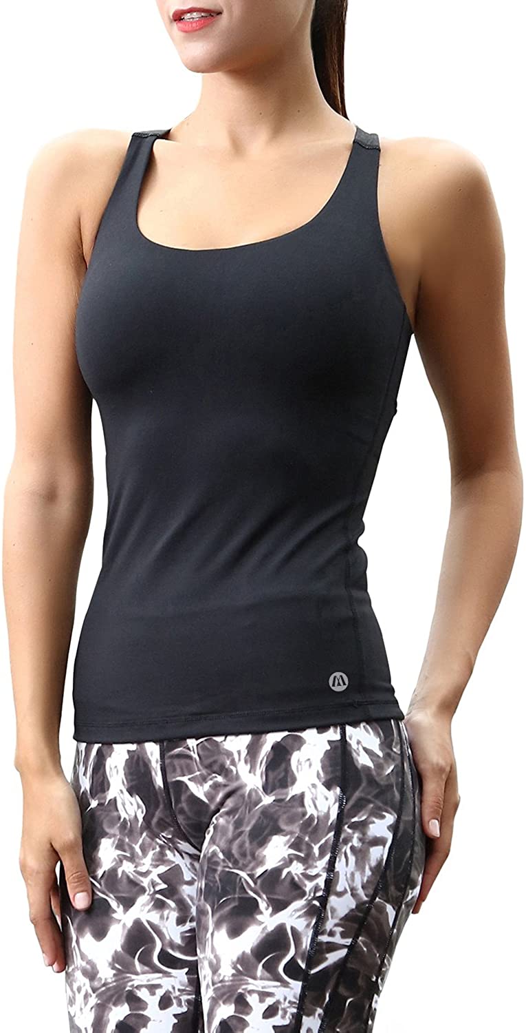 Women's Yoga Tank Top Built in Shelf Bra, Sleeveless Workout, Black, Size Large | eBay