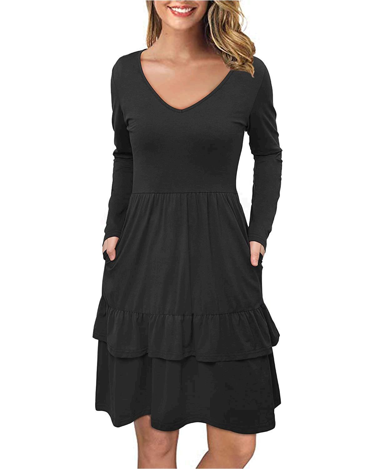 OUGES Women's V Neck Long Sleeve Ruffle Casual Short Dress, Black477 ...