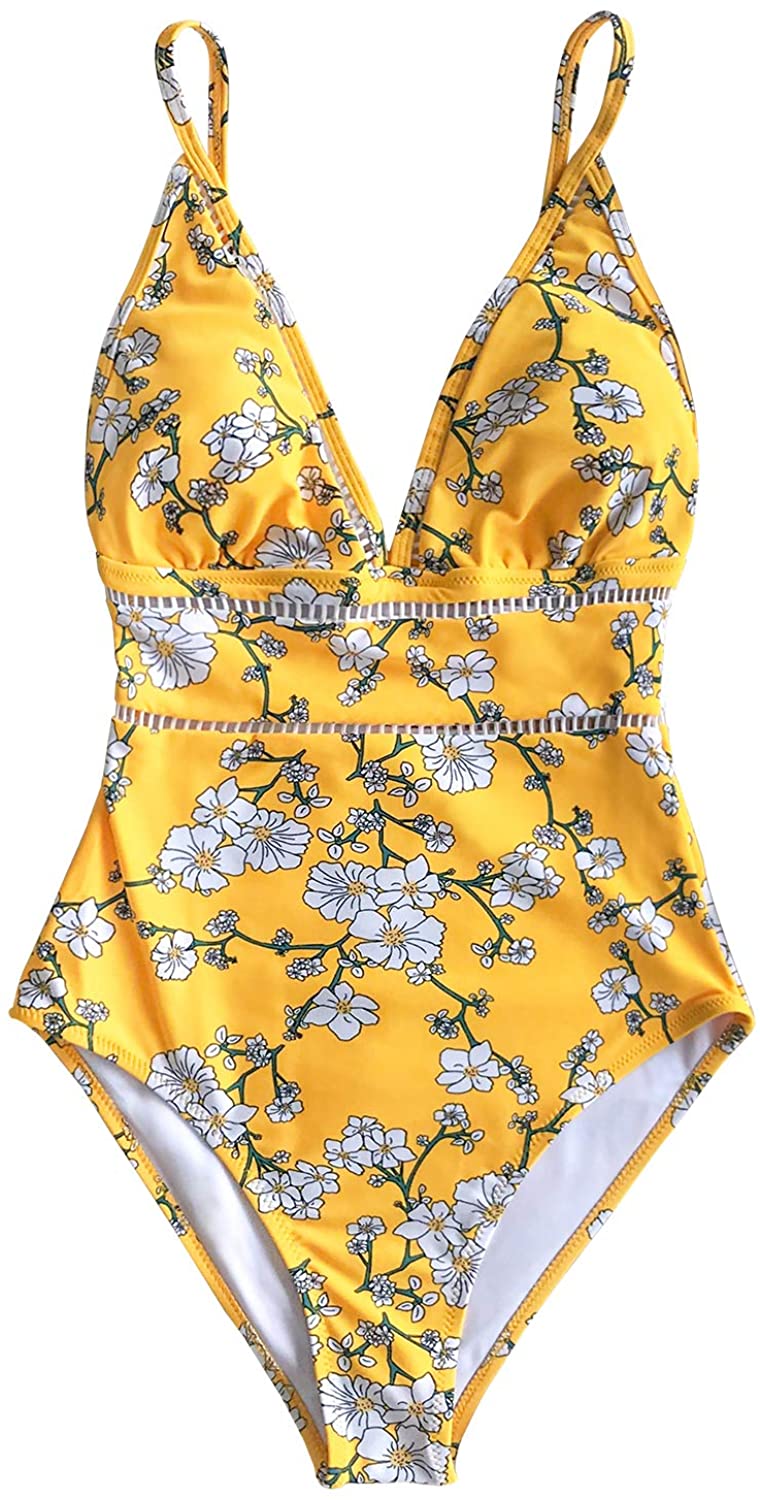 CUPSHE Women's Yellow Pear Blossom Print Cutout One Piece, Yellow, Size ...