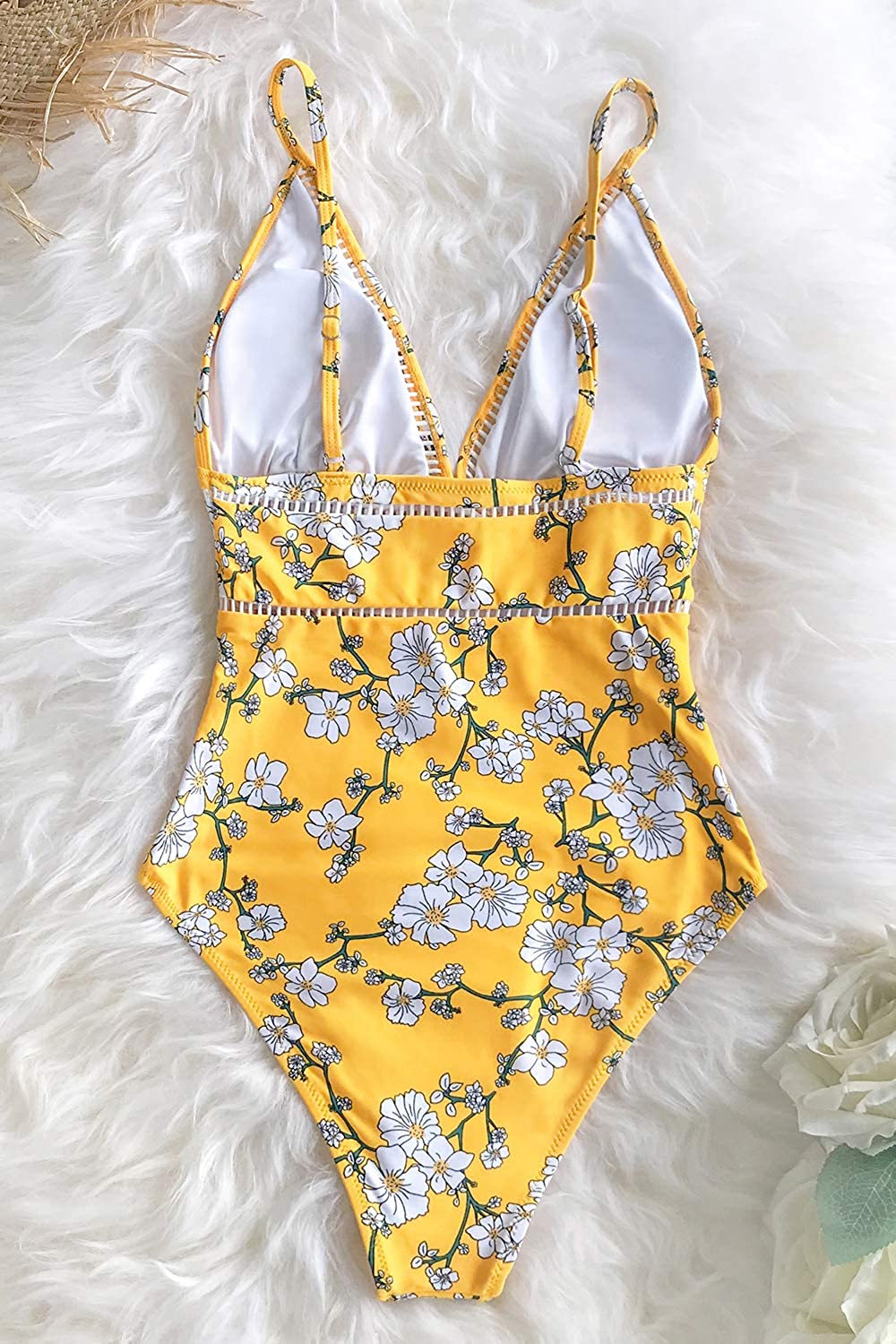 CUPSHE Women's Yellow Pear Blossom Print Cutout One Piece, Yellow, Size ...