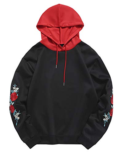 ZAFUL Men Embroidery Hoodie Stitching Drawstring Pullover, Black, Size ...