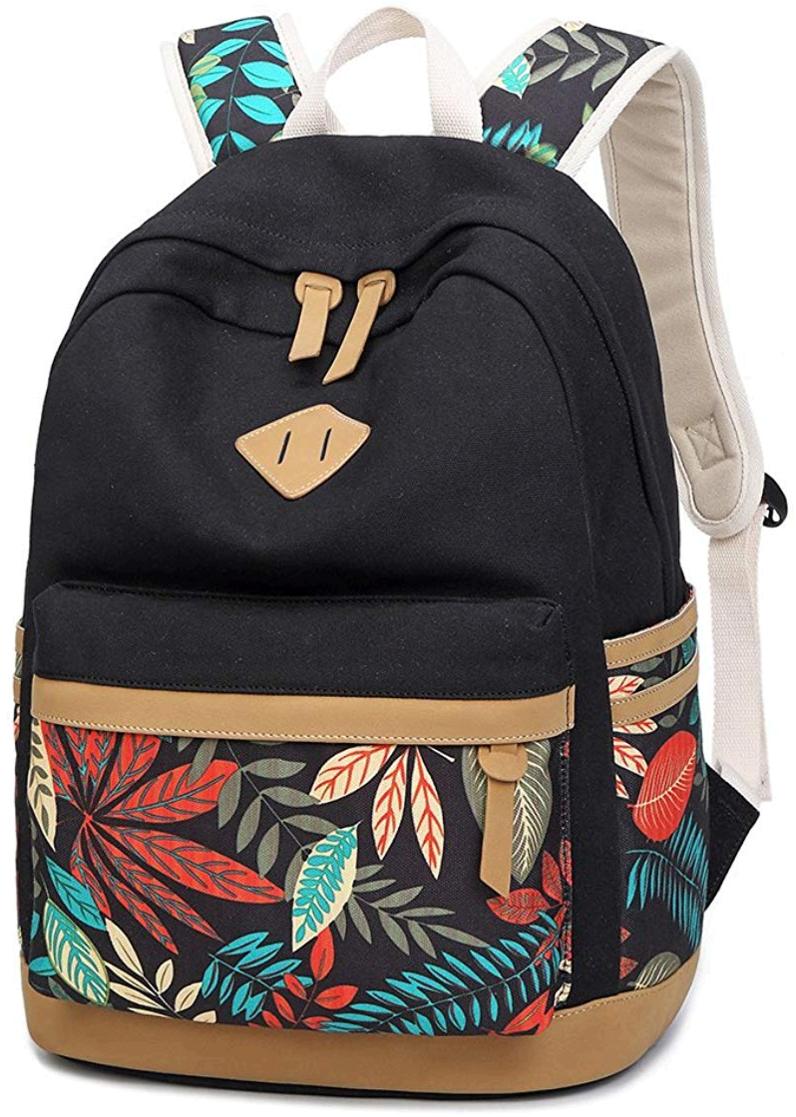 LuckyZ Women Backpack Lightweight Canvas Leather, Black-leaves, Size ...
