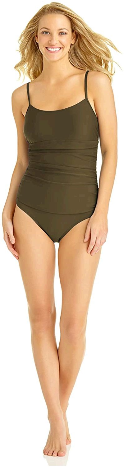 Catalina Womens Shirred One Piece Swimsuit Olive Olive Green Size