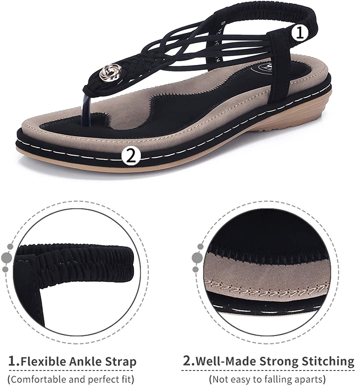 CAMEL CROWN Women's Comfortable T Straps Thong Sandals Strappy, Black ...