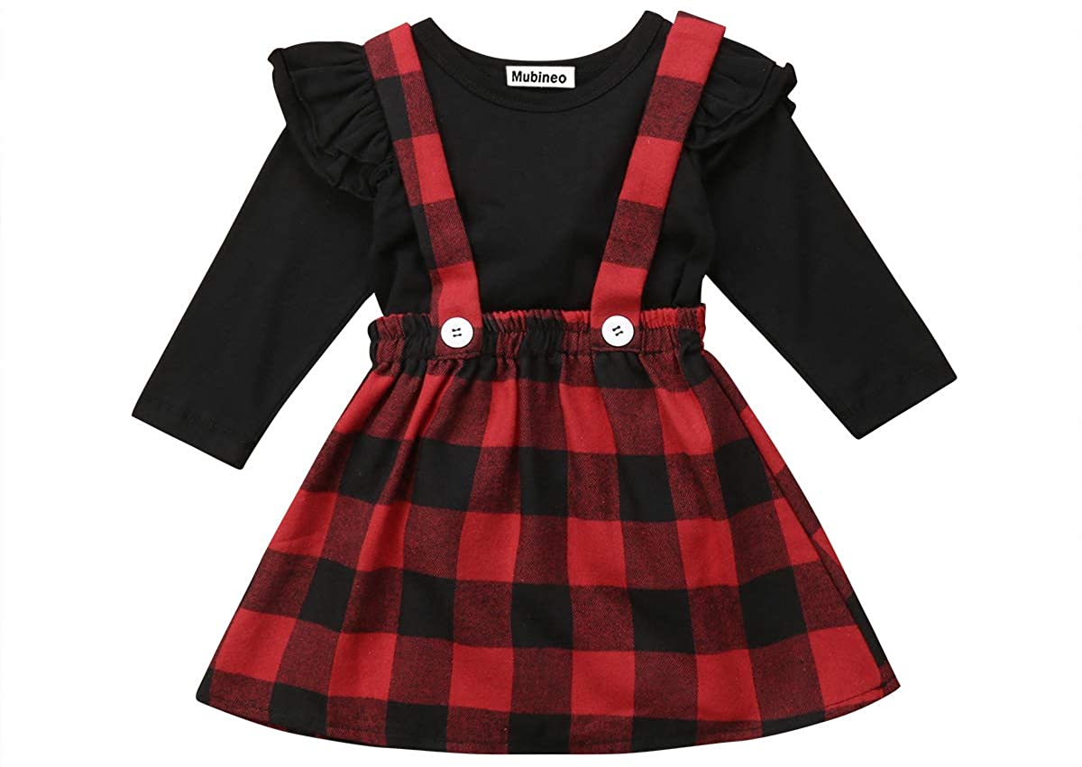 Toddler Baby Girl Infant Plain T Shirts Plaid Overall Skirt, Black-red ...