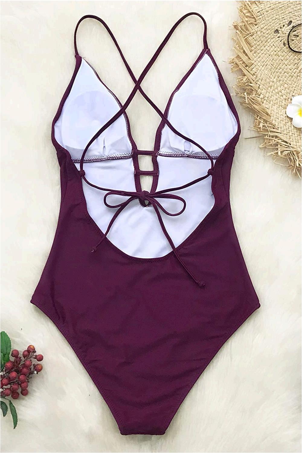 CUPSHE Women's Shirring Design V-Neck Low Back One Piece, Plum, Size X ...