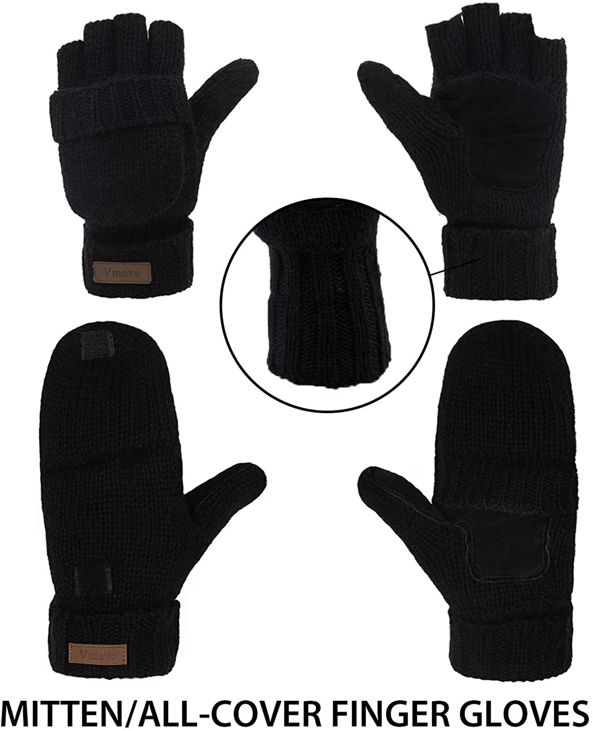 Winter Knitted Fingerless Gloves Convertible, Wblack, Size one size