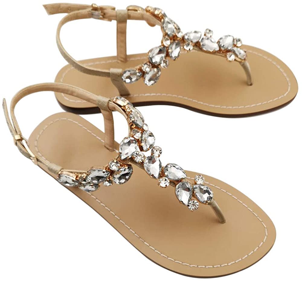 Mayou Women's Rhinestone Flat Sandals, Women Flip Flops, Off White ...