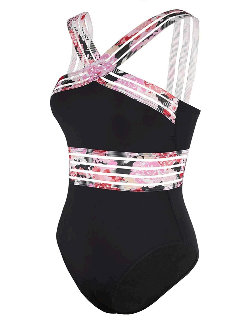 Hilor Womens One Piece Swimwear Front Crossover Blackandpink Floral