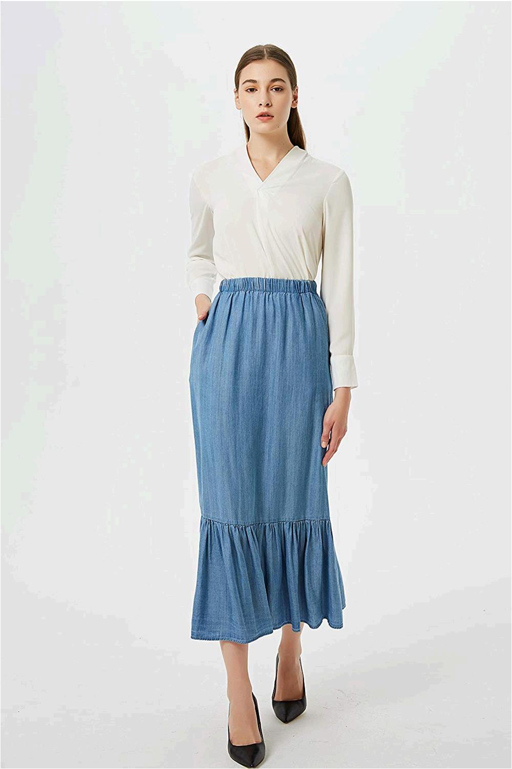Tronjori Womens Tencel Denim Long Midi Skirt Pleated