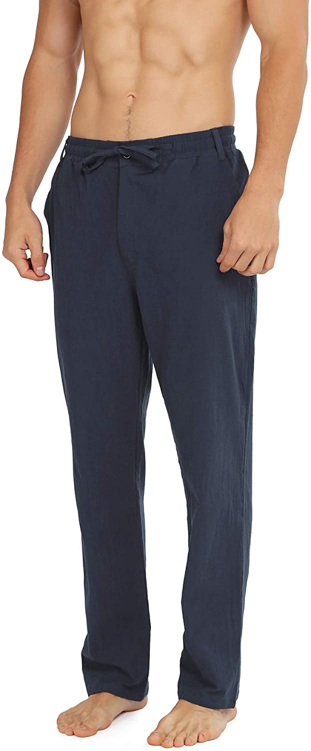 WULFUL Men's Drawstring Casual Beach Trousers Lightweight Linen, Navy ...