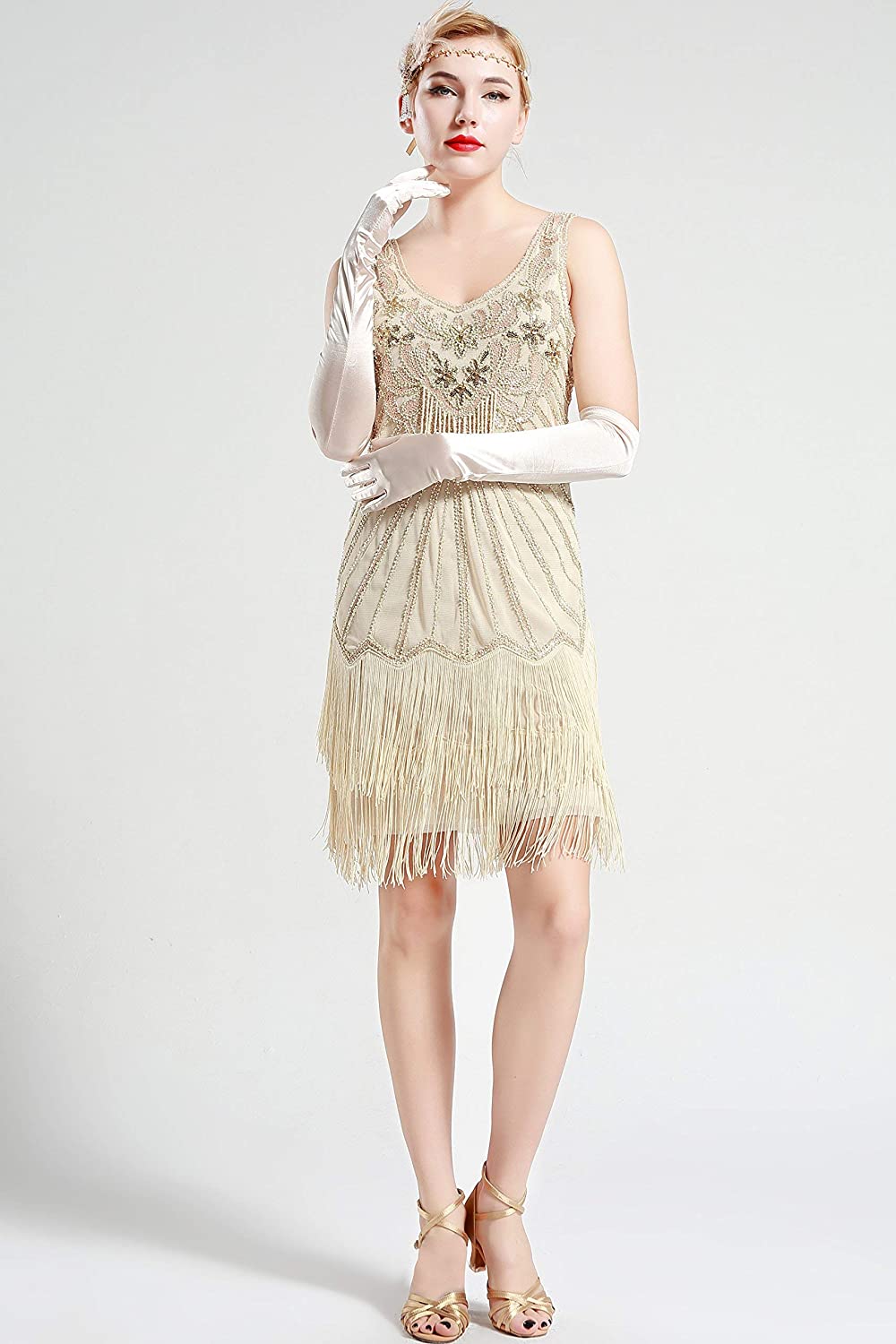 Babeyond Women S Flapper Dresses 1920s V Neck Beaded Beige Size X