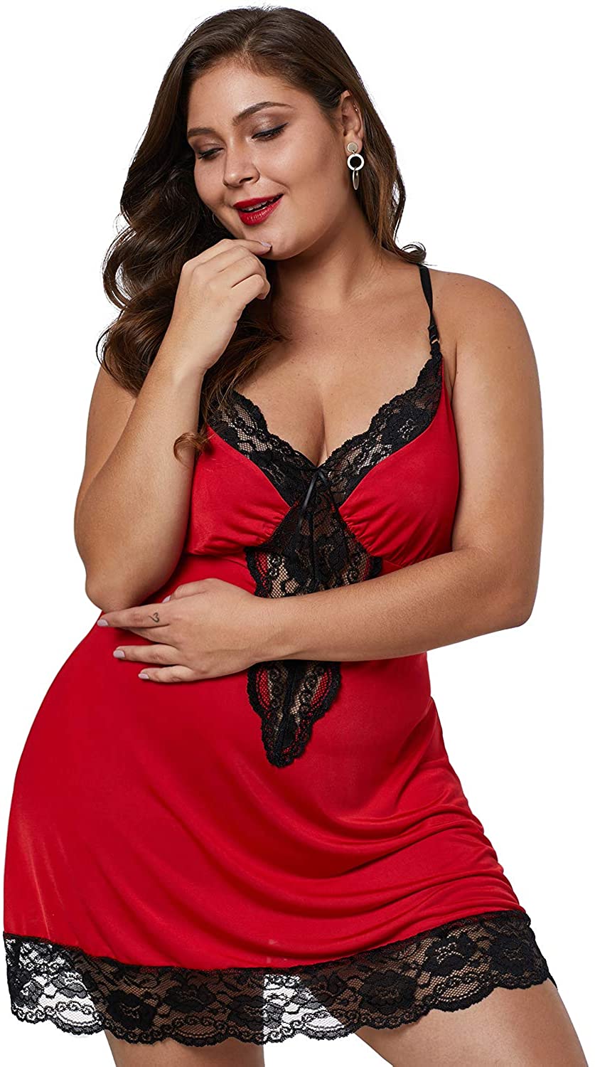 Sexy Plus Queen Size Red Lace Underwire Chemise w/ Panty 