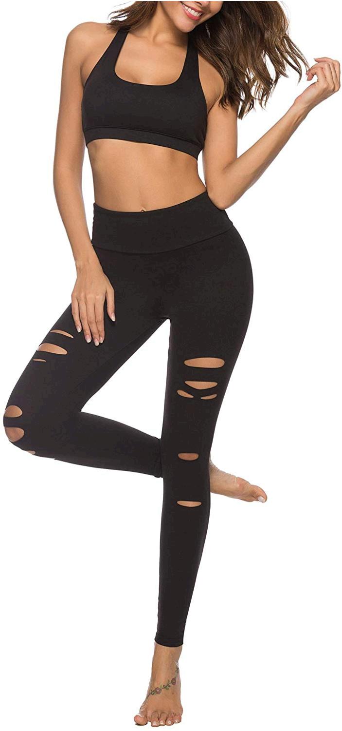 DIBAOLONG Womens High Waist Yoga Pants Cutout Ripped Tummy