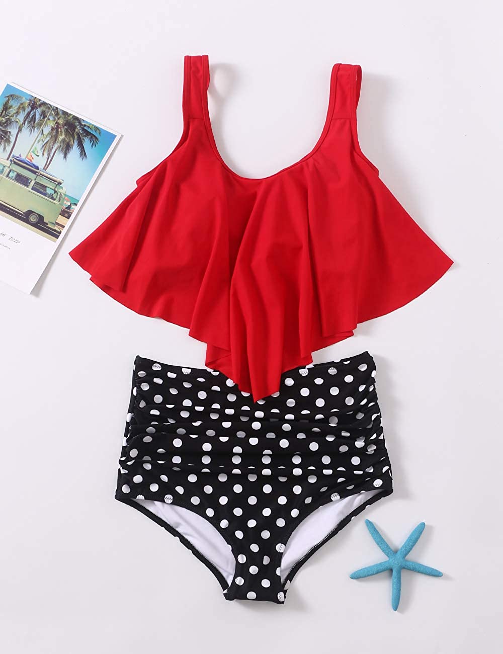 High Waisted Swimsuit for Women Two Piece Bathing Suit, Red, Size X