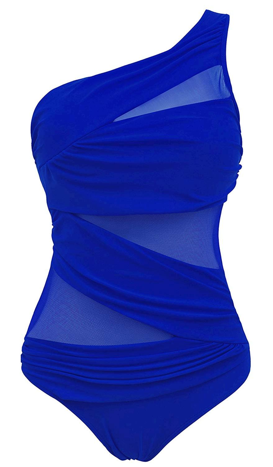 Runtlly One-Shoulder One Piece Swimsuit, Women's Plus Size, Blue, Size ...