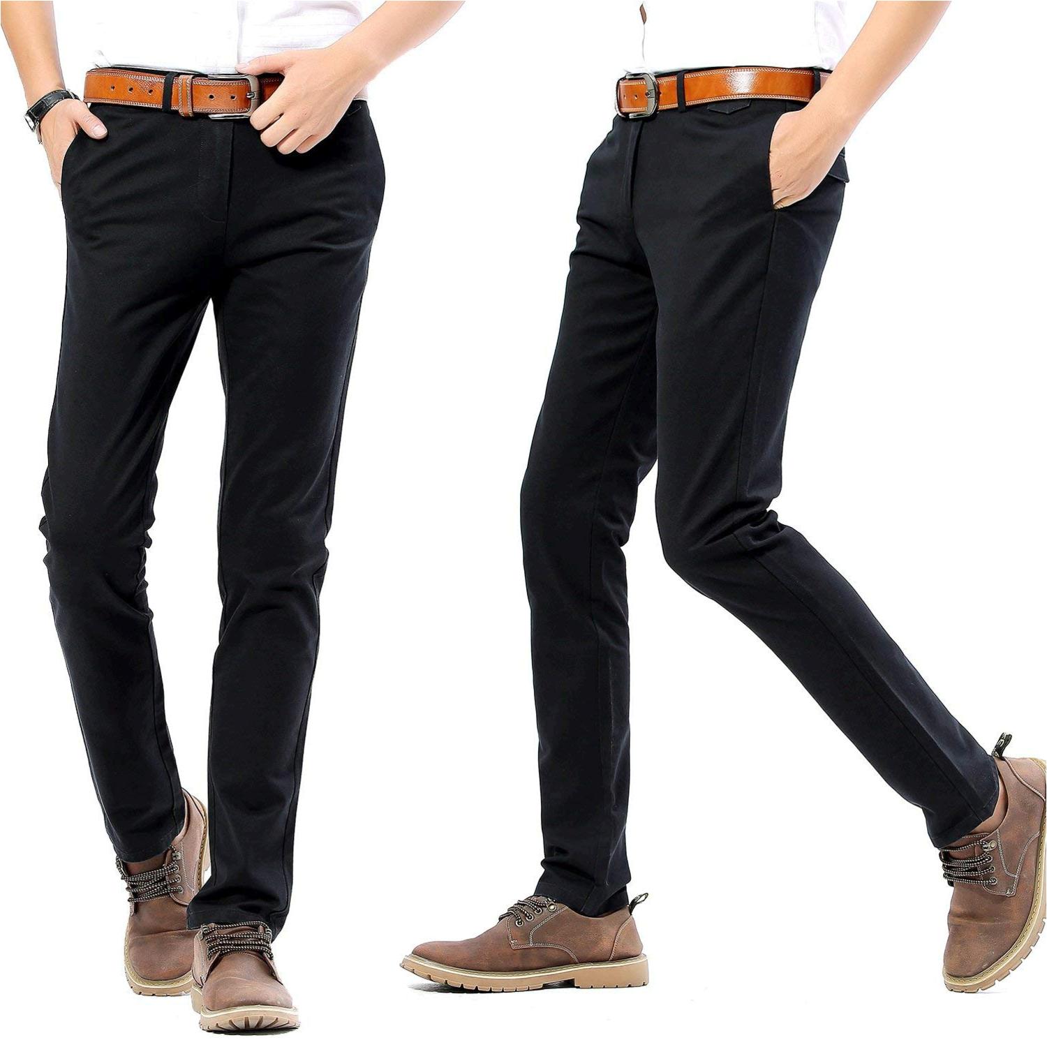INFLATION Mens Slim Tapered Stretch Flat Front Casual Pants 100%, Black ...